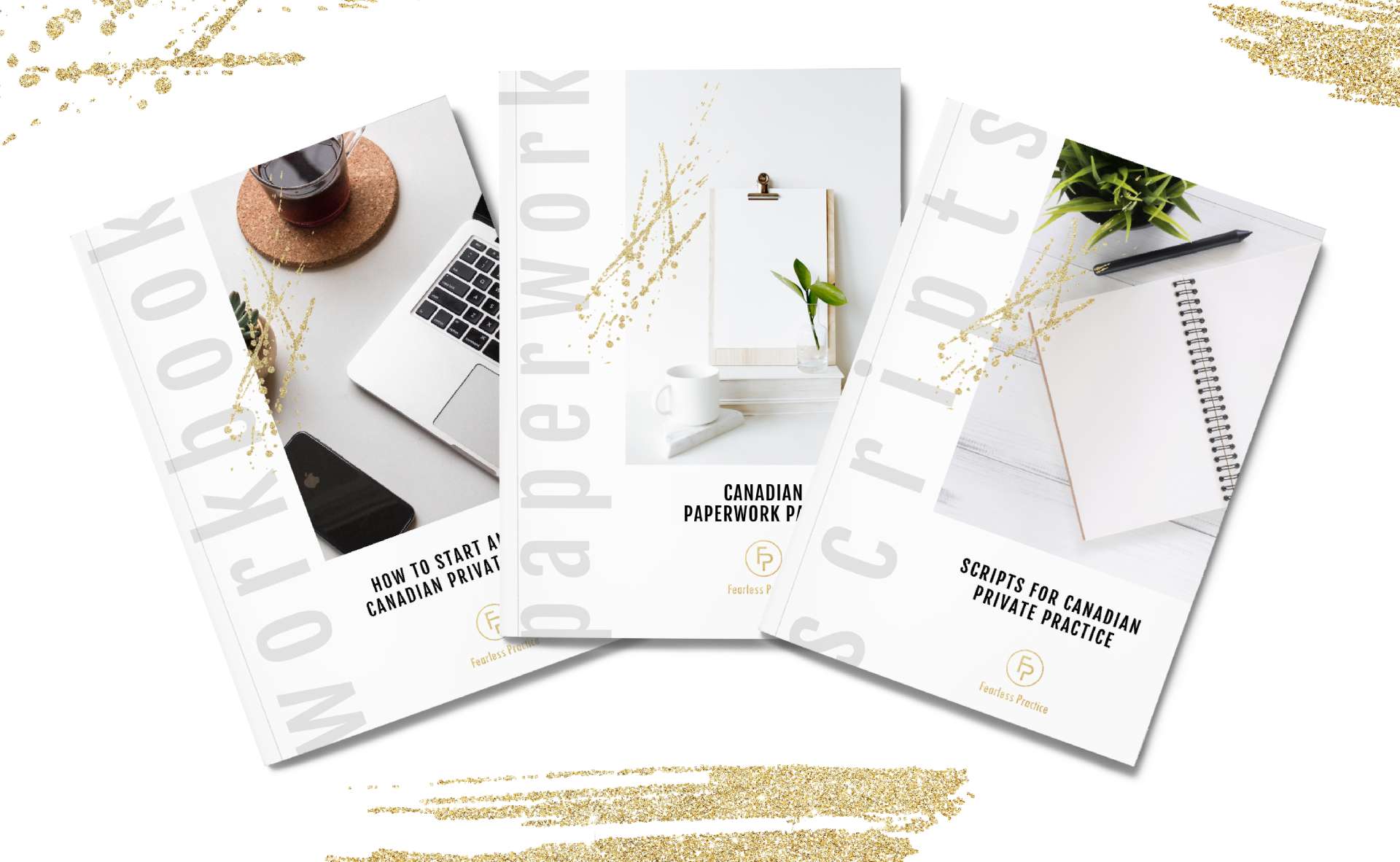 a set of three brochures with gold foil on them